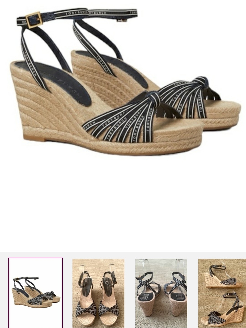 Tory Burch Black and Natural Espadrille Wedge Sandals